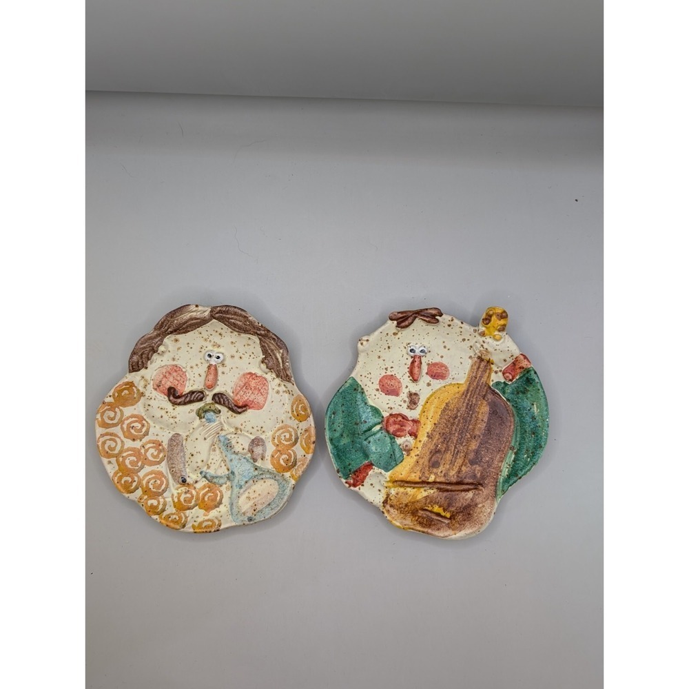 Italian Art Pottery Painted Face Trinket Dishes (2) Whimsical Art Wall Hanging